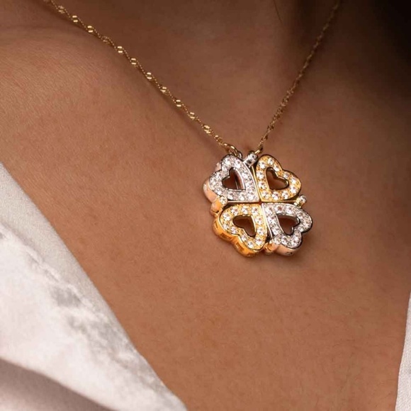 Two-Tone Clover Leaf Cubic Zirconia Pendant on Twisted Rope 14K Chain 19” - Picture 1 of 4